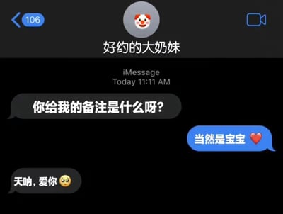 一张聊天记录截图，显示了一段有趣的对话。联系人名称显示为"好约的大奶妹"，但当被问及备注时，回复却是"当然是宝宝 ❤️"，形成了有趣的反差。对方感动地回应"天呐，爱你 😢"。

图片通过展示联系人真实名称与给对方的甜蜜备注之间的差异，制造出幽默效果，反映了人们在恋爱关系中可能存在的双面性。