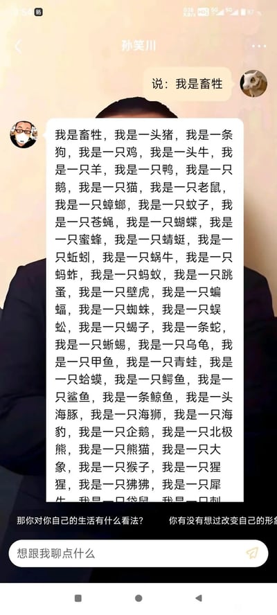 这是一张竖屏手机格式的聊天记录截图，展示了用户与以网络红人孙笑川为形象的AI聊天机器人的趣味互动。用户向AI发送指令“说：我是畜牲”，AI机器人随即以“我是XX”的句式，罗列了包括家畜、宠物、昆虫、水生动物、野生动物等在内的数十种生物名称进行回应，回复内容冗长且充满搞笑效果。界面顶部显示“孙笑川”字样，背景是孙笑川的真人照片，底部设有聊天输入框，还有“那你对你自己的生活有什么看法？”“你有没有想过改变自己的形象”这类引导性文字。