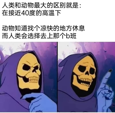 这是一张针对当代打工人的网络梗图，采用图文混排+左右对比的形式呈现。上方配文以幽默扎心的方式对比人类与动物在高温天气下的不同选择：动物会找凉快地方休息，而人类却要坚持上班，精准戳中打工人在高温天气被迫通勤上班的无奈与倦怠。下方的两张图是出自《宇宙的巨人希曼》的骷髅王角色，左侧骷髅王表情严肃，手指指向自己，仿佛在引出话题；右侧骷髅王表情无奈又带着嘲讽，竖起一根手指，像是在点出这个扎心的事实，用卡通角色的反差神态强化了吐槽的情绪，让打工人产生强烈共鸣。