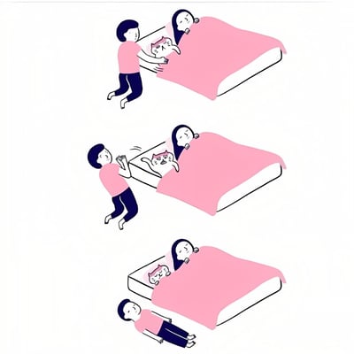 这是一幅三格连环漫画，描绘了猫咪霸占床中间位置导致主人无奈睡地板的搞笑场景。第一格：男性主人试图上床，想躺在猫咪旁边，但猫咪一脸不满地占据中间位置；第二格：男性主人双手合十恳求，但猫咪依然不为所动，表情更加不耐烦；第三格：男性主人放弃挣扎，无奈地躺在地板上睡觉，而猫咪则舒服地蜷缩在床中间。