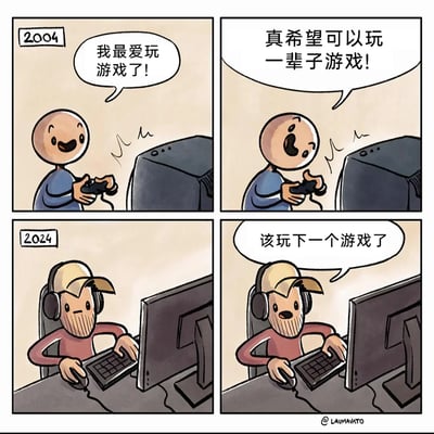 这是一组四格连环漫画，通过2004年与2024年的时间对比，讲述了一个关于梦想与现实反差的故事。2004年的画面中，一个小男孩手持游戏手柄，满脸兴奋地表达对游戏的喜爱，还许愿“真希望可以玩一辈子游戏”；到了2024年，当年的男孩成长为留着胡子、戴着耳机的成年人，坐在电脑前，面无表情地说出“该玩下一个游戏了”。曾经的游戏热爱变成了工作任务，小时候的梦想以一种意想不到的方式“实现”，充满了黑色幽默，调侃了梦想与现实的落差，也引发了游戏爱好者与职场从业者的共鸣。