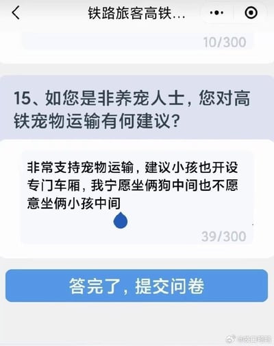 这是一张高铁旅客调研问卷的小程序页面截图，页面顶部显示问卷名称为“铁路旅客高铁...”，展示的是第15题的作答内容：题目询问非养宠人士对高铁宠物运输有何建议，用户填写的回复为“非常支持宠物运输，建议小孩也开设专门车厢，我宁愿坐俩狗中间也不愿意坐俩小孩中间”，回复框下方显示已输入39字，页面底部有蓝色的“答完了，提交问卷”按钮，右下角带有微博用户@咬口鸭鸭的水印。该回复通过夸张的对比，调侃了部分孩童在高铁车厢内喧闹打扰他人乘车体验的现象，道出了不少乘客对高铁“熊孩子”扰民问题的不满，趣味性较强。