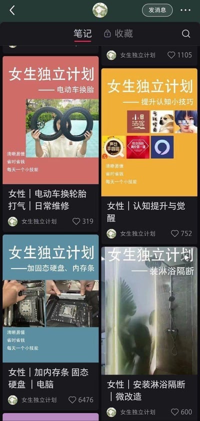 这是小红书平台账号「女生独立计划」发布的系列技能分享笔记截图，共展示了4篇不同主题的干货内容：1. 电动车换胎、打气等日常维修技巧，配图为手持电动车轮胎的实操图；2. 女性认知提升与觉醒的内容推荐，搭配相关知识类内容图标；3. 电脑加装固态硬盘、内存条的硬件维修教程，配有拆机实操步骤图；4. 家居微改造之安装淋浴隔断的教程，配有淋浴间实景图。每篇笔记都标注了「清晰易懂、省时省钱、每天一个小技能」的slogan，附带精准分类标签，且各笔记的点赞量不同，其中电脑硬件相关笔记点赞量最高，达6476次，整体内容主打帮助女性掌握多元实用技能，实现生活独立。