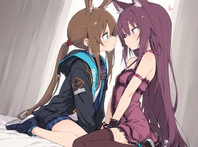图中呈现了游戏《明日方舟》的兔耳少女阿米娅，与一位AI原创的紫发猫耳少女同坐在床榻上的场景。两人近距离相对，脸颊泛红，脸上挂着汗珠，氛围十分暧昧，右上角的爱心符号更凸显出百合向的亲密感，整体画面充满羞涩紧张的情绪。