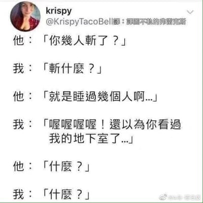 这是一张社交媒体截图，属于图文混排的静态图，左上角是用户krispy的头像，主体是一段充满反差感的搞笑对话。对话里，一方用“几人斩”这个带有双关含义的词提问，这里的“几人斩”在网络语境中通常指交往过、发生过关系的人数，而另一方故意将其误解为字面意义上的“斩杀”，回应“喔喔喔喔！还以为你看过我的地下室了...”，营造出自己是藏尸在地下室的连环杀人狂的恐怖错觉，随后又用“什么？”装傻，假装自己没说过刚才的话，通过这种误解和装傻的反差制造出荒诞的喜剧效果，让对话充满笑点。