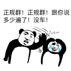 图片为黑白卡通风格，左侧是一只表情愤怒的熊猫，右手抬起似乎在喊话；右侧是一只泪流满面、表情委屈的熊猫。上方配有文字“正规群！正规群！跟你说多少遍了！没车！”，整体场景幽默展现了群管理员强调群聊正规性，否认存在“车”（网络用语，通常指资源链接）的无奈与愤怒情绪。