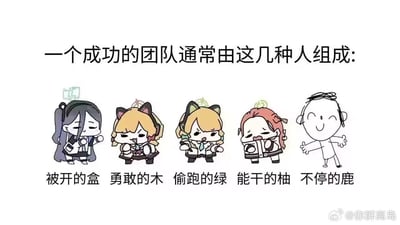 这是一张结合游戏《蔚蓝档案》角色与网络梗的搞笑谐音梗图，以“一个成功的团队通常由这几种人组成”为主题，用五个形象对应团队里的不同角色：
1. 被开的盒：对应《蔚蓝档案》的爱丽丝，玩“开盒”的网络梗，角色表情无奈困倦，抬手侧身；
2. 勇敢的木：对应《蔚蓝档案》的伊落玛丽，谐音“勇敢的沐”，角色气鼓鼓握拳前倾；
3. 偷跑的绿：对应《蔚蓝档案》的绿，谐音“偷跑的露”，角色严肃认真伸手前倾；
4. 能干的柚：对应《蔚蓝档案》的柚子（优香），谐音“能干的优”，角色疲惫慵懒抱臂低头；
5. 不停的鹿：对应网络梗图的鹿哥，谐音“不停的录”，角色开心兴奋张开手臂。
整体用谐音梗调侃团队成员的不同特质，风格趣味搞笑。