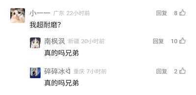 这是一张社交媒体评论区的静态截图，展示了三位来自不同地区的网友的互动：来自广东的用户“小一一”发布评论“我超耐磨？”并获得8个点赞；20小时后，来自新疆的用户“南枫沨”回复“真的吗兄弟”，获得10个点赞；7小时前，来自重庆的用户“碎碎冰”同样回复“真的吗兄弟”，获得2个点赞。整体内容是网友之间的玩梗调侃，氛围轻松搞笑。