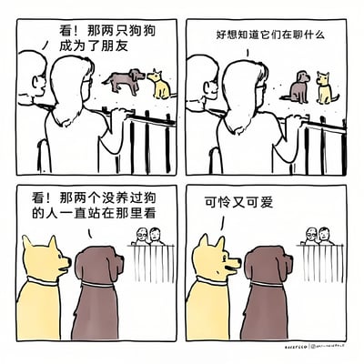 这是一幅四格漫画，展现了人类与狗狗之间有趣的互相观察。上半部分两个格子显示两个人类站在栅栏后，看着两只正在互动的狗狗，一个人说"看！那两只狗狗成为了朋友"，另一个人回应"好想知道它们在聊什么"。下半部分两个格子则转换到狗狗的视角，两只狗狗看着栅栏后的人类，一只狗狗说"看！那两个没养过狗的人一直站在那里看"，另一只狗狗评论道"可怜又可爱"。漫画通过视角转换制造了幽默效果，暗示了不同物种间的互相好奇与误解。