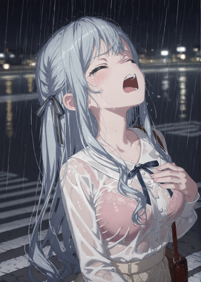 这是一幅二次元风格的插画，描绘了一位银发少女在雨夜中哭泣的场景。少女有着浅蓝色的长发，扎着双马尾，头发被雨水打湿，贴在脸颊和脖颈上。她穿着白色的衬衫，已经被雨水浸透，隐约可见里面的粉色内衣。少女仰头张开嘴巴，眼睛紧闭，脸上混合着雨水和泪水，表情显得非常悲伤和痛苦。背景是夜晚的城市街道，地面反射着路灯的光芒，整个画面充满了悲伤和忧郁的氛围。