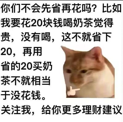 图片为白底的图文混排内容，左侧是黑色文字，右侧是一只橘白相间的猫。文字内容以调侃的语气提出了一套迷惑理财逻辑：认为想花20元喝奶茶时因觉得贵而不买，省下的20元再用来买奶茶就相当于没花钱，并以“关注我，给你更多理财建议”结尾。右侧的猫咪正用爪子指向文字，表情看起来一本正经，仿佛在认真解释这套“省钱妙招”，整体营造出幽默搞笑的效果。