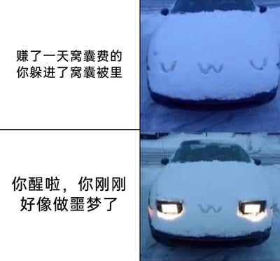 这是一张上下拼接的搞笑拟人梗图，用积雪覆盖的汽车来映射当代打工人的职场状态。上图中，车头的积雪被塑造成类似闭眼的形态，搭配文字“赚了一天窝囊费的你躲进了窝囊被里”，生动表现出打工人辛苦工作一天后，渴望躲起来逃避现实、休息放松的疲惫心态；下图中汽车的车灯亮起，积雪的形态配合车灯像惊醒的神态，配文“你醒啦，你刚刚好像做噩梦了”，暗指打工人短暂的休息后，又要回到如同“噩梦”般的工作中，用幽默戏谑的方式精准戳中打工人被工作支配的无奈与心酸，引发职场群体的强烈共鸣。