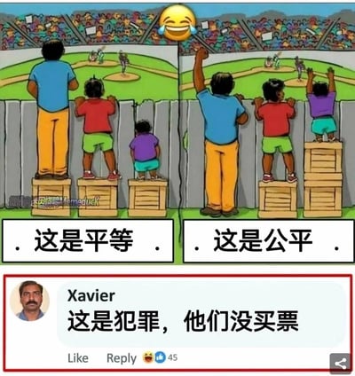这张图分为左右两部分，原本是用来科普平等与公平区别的经典漫画：左侧三个不同身高的人站在相同数量的木箱上看棒球比赛，标注“这是平等”——即每个人得到相同的资源，但矮个子依然看不到比赛；右侧根据身高分配木箱，矮个子站在两个木箱上，所有人都能看到比赛，标注“这是公平”——即根据个体差异分配资源以达到相同的结果。下方是社交媒体用户Xavier的评论：“这是犯罪，他们没买票”，从规则角度打破原本的严肃议题，制造出强烈的反差搞笑效果。
