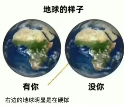 这是一张左右布局的对比梗图，左侧是标注“有你”的地球图片，右侧是标注“没你”的地球图片，两张地球的视觉内容几乎完全一致。图片顶部有标题“地球的样子”，底部配文“右边的地球明显是在硬撑”。图中用看似毫无变化的地球画面，以反讽的方式制造反差感，表达“你对地球来说非常重要”的趣味自恋情绪，通过这种夸张的调侃制造笑点，没有双关、谐音梗或其他暗示内容。