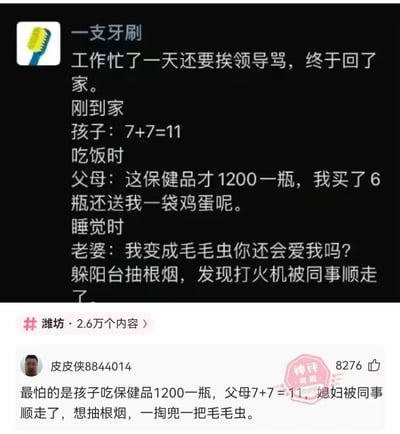 这是一张社交媒体内容截图，上半部分是昵称为“一支牙刷”的用户发布的吐槽动态：自己工作忙了一天还挨领导骂，刚到家孩子说7+7=11，吃饭时父母告知花高价买了6瓶1200元的保健品还认为送鸡蛋很划算，睡前妻子询问自己如果她变成毛毛虫还会不会爱她，最后想躲去阳台抽烟放松，却发现打火机被同事顺走了。下半部分是用户“皮皮侠8844014”发布的神评论，将前文提到的所有糟心元素错位重组，调侃更糟糕的状况是孩子吃1200元一瓶的保健品、父母算错7+7=11、妻子被同事顺走、想抽烟掏兜掏出一把毛毛虫，该评论获赞8276，被标注为“神评 有趣”，页面还带有“潍坊·2.6万个内容”的地域标签。