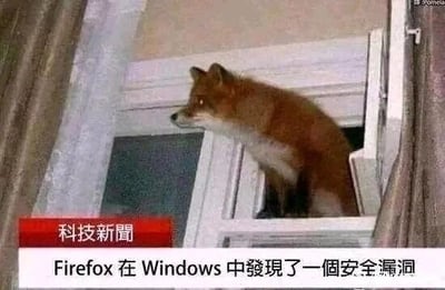 这是一张经过P图改编的顶配底文静态单图，画面上半部分是一张原始拍摄的动物照片，一只红棕色狐狸从白色窗框中探出身躯，眼神警觉地看向画面左侧；画面下半部分被添加了模仿正规新闻播报的文字栏，上方红色栏标注“科技新闻”，下方白色栏写有“Firefox在Windows中发现了一个安全漏洞”。这张图巧妙运用了英文谐音双关：将“Firefox（火狐浏览器）”具象化为图中的“fox（狐狸）”，将“Windows（微软操作系统）”对应为图中的“window（窗户）”，把一则严肃的科技安全新闻用荒诞趣味的画面呈现出来，形成幽默的网络迷因效果。