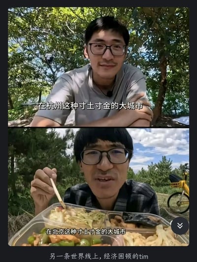 这是一张上下对比的双图拼接梗图，展示了同一个名叫Tim的男子在不同大城市的生活状态。上半部分图中，Tim穿着灰色T恤，在绿树成荫的户外场景中双臂交叉，配文'在杭州这种寸土寸金的大城市'；下半部分图中，Tim穿着格子衬衫，正在用筷子吃外卖盒饭，背景有一辆黄色自行车，配文'在北京这种寸土寸金的大城市'。图片底部还有文字'另一条世界线上，经济困顿的tim'，通过对比展现了同一个人在不同城市或不同人生轨迹下的生活差异，带有幽默和调侃的意味。