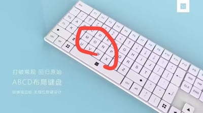 整张图以淡蓝色为背景，主体是一款经过修改的白色电脑键盘，该键盘没有采用大众熟知的QWERTY字母键布局，而是改为按照ABCD的字母顺序排列字母按键，还用红色圆圈圈出了C、D、E、M、N、O、U、V、W、X、P等多个字母键，突出其布局和常规键盘的差异；图片左侧配有三行白色文字，用类似正经产品宣传的话术介绍这款键盘，称其是为极端强迫症设计的无错位按键产品，用不符合实际使用需求的反常识设计制造反差笑点。