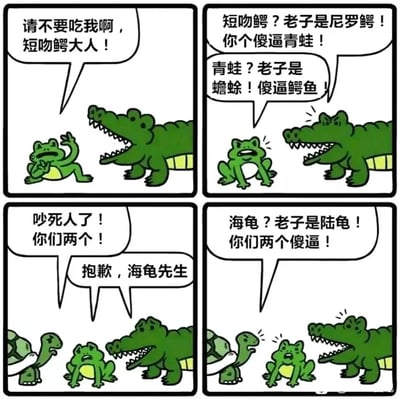 这是一幅四格卡通搞笑漫画，第一格中，一只蟾蜍误以为面前的鳄鱼是短吻鳄，惊恐地举手求饶；第二格中，鳄鱼愤怒地纠正自己是尼罗鳄，还错把蟾蜍当成青蛙辱骂，蟾蜍也立刻愤怒纠正自己的身份，和鳄鱼互怼起来；第三格中，一旁的陆龟被吵得不耐烦，出声制止两人，鳄鱼和蟾蜍连忙道歉，却又误将陆龟认成海龟；第四格中，陆龟愤怒地纠正自己是陆龟，反过来辱骂鳄鱼和蟾蜍，整个漫画通过认错物种的连环误会，制造出层层递进的搞笑效果，风格诙谐幽默。