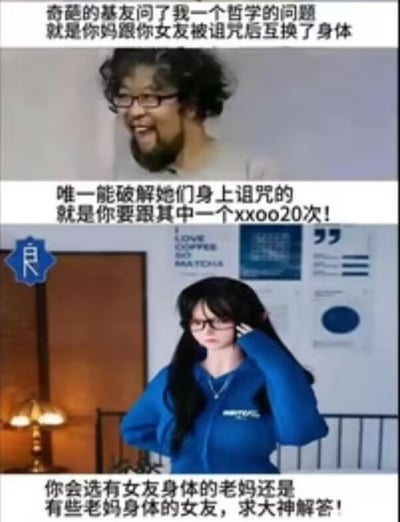 图片为上下两部分拼接的梗图，上半部分是一位戴眼镜、留胡子的男性，配文讲述奇葩基友提出的哲学问题：妈妈和女友被诅咒互换身体，破解方法是必须与其中一人发生关系20次；下半部分是一位穿蓝色连帽衫的女性，表情无奈地摸着头，配文询问选择女友身体的老妈还是老妈身体的女友，求大神解答。整体通过夸张的假设性问题制造搞笑效果，引发关于身份认知与情感选择的戏谑讨论。