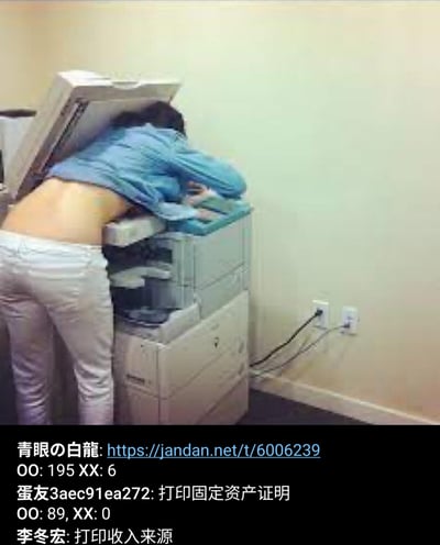 这是一张带网友评论的搞笑梗图，画面中一名穿蓝色上衣、浅白色长裤的男子背对镜头，将整个上半身探进了办公复合打印机的扫描舱内，衣服因为姿势向上缩露出了腰背部皮肤，姿势十分怪异滑稽。图片下方截取了煎蛋网的评论区内容，有网友调侃该男子的行为是「打印固定资产证明」、「打印收入来源」，利用双关将「打印个人相关证明」曲解为把本人放进打印机打印，制造出了反差笑点，是一则网络搞笑梗。