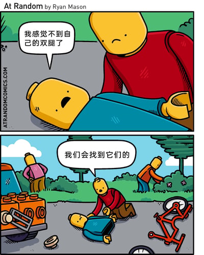 这是一幅利用乐高积木特性创作的幽默连环漫画，分为两格：第一格中，身着蓝色身体零件的乐高人偶躺在地上，表情痛苦，对俯身查看的红衣乐高人偶说“我感觉不到自己的双腿了”，红衣人偶面露担忧；第二格展示了完整的“事故”现场，这里是乐高世界的场景，有破损的乐高自行车和乐高汽车，粉衣人偶站在汽车旁叉腰观望，橙衣人偶在草丛中仔细寻找，红衣人偶跪在地上安慰躺着的人偶说“我们会找到它们的”，而躺着的人偶的双腿作为独立的乐高零件已经和身体分离，漫画通过真实受伤场景的叙事感和乐高零件可拆分的特性制造反差，形成搞笑的幽默效果。