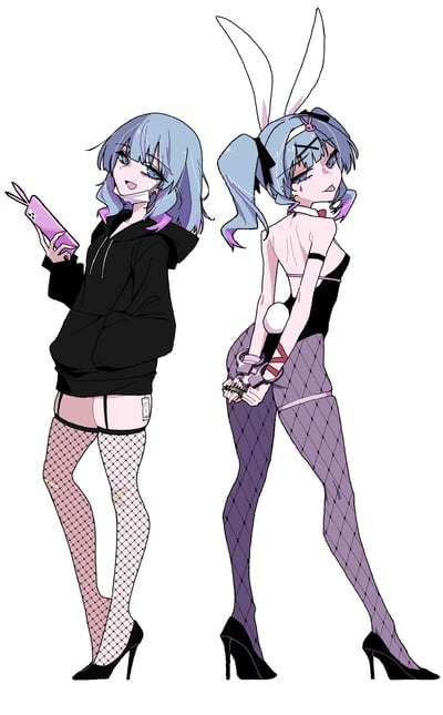 图片展示了两个造型相似的动漫少女并排站立的全身插画。左侧少女穿着黑色连帽衫和粉色短裙，搭配白色渔网袜与黑色高跟鞋，手持粉色手机，面带微笑，头发为蓝紫色渐变。右侧少女则身着兔女郎装扮，头戴白色兔耳，双马尾发型，穿着黑色抹胸上衣和紫色网袜，双手被束缚在身后，表情魅惑。两人均有蓝色系头发和相似的面部特征，形成日常休闲与性感诱惑的鲜明对比。