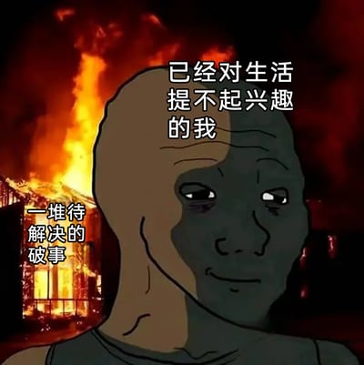 这是一张改编自Wojak系列的网络梗图，画面主体是Doomer Wojak形象的卡通人物，他面部扭曲，眼神麻木疲惫，眼角挂着泪水，神情满是无力与绝望。人物的一半脸庞被身后燃烧建筑的火光映照，背景中整栋建筑陷入火海，隐喻着生活中混乱糟糕的处境。图中配有两处文字：人物上方标注“已经对生活提不起兴趣的我”，左侧建筑旁标注“一堆待解决的破事”，精准地传递出人物被诸多生活烦心事压垮，对生活失去热情、陷入麻木的消极情绪，是用于宣泄生活压力、表达情绪低落状态的网络创作。