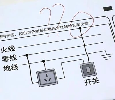 图片展示了一张电气接线示意图，包含火线、零线、地线的标注，以及连接的插座和开关符号。图上方有黑色矩形边框，并配有文字说明“或内作答，超出黑色矩形边框限定区域的答案无效！”。红色手绘问号和圆圈标记在边框附近，可能用于强调答题区域的限定范围。整体为静态图文混排内容，无谐音梗或双关含义。