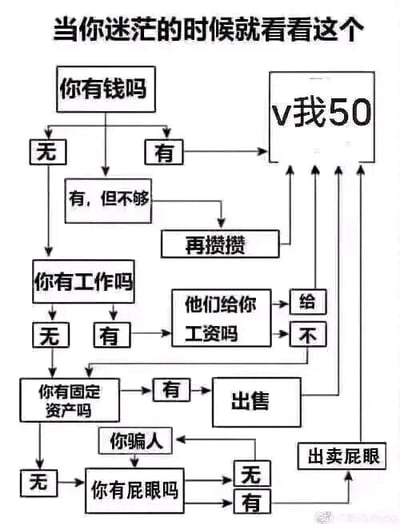 这是一张静态的图文混排模板改编图，以黑色线条框和文字构建了一个荒诞的逻辑流程图，标题为“当你迷茫的时候就看看这个”，看似是给迷茫的人提供人生方向指引，实则是玩“v我50”的网络梗。流程图从“你有钱吗”开始设置多个分支：有钱的话直接指向“v我50”；没钱则分为“有，但不够”和完全没钱两个方向，“有，但不够”指向“再攒攒”后仍导向“v我50”；完全没钱则进入“你有工作吗”的分支，没工作的话继续询问“你有固定资产吗”，有固定资产就出售后指向“v我50”，没有则进入无厘头的“你有屁眼吗”提问，无论回答有或没有，最终都指向“v我50”；有工作的话则看是否有工资，无论有工资与否，最终结果也都是“v我50”。整个内容充满戏谑和搞笑的氛围，属于网络整活类的迷因内容，没有实际的人生指导意义，仅用于娱乐和玩梗。