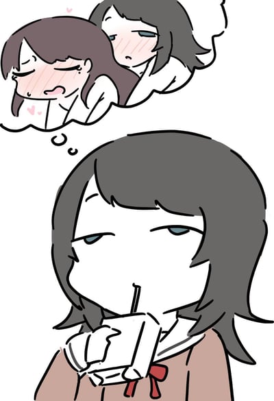 插画描绘了一位穿着棕色校服、系着红色领结的女高中生，正用吸管喝着饮料，表情平静。她头上的思想泡泡中，有两位脸颊通红的女生——一位棕色头发的女生低着头，显得害羞或不好意思，另一位黑色头发的女生则凝视着她，两人周围有粉色爱心点缀，暗示着少女间青涩的情愫或暗恋心事。