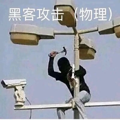 这是一张充满反差感的搞笑梗图，画面中一名头戴黑色头套的人攀附在装有多个监控摄像头的杆子上，双手高举锤子，做出要砸向旁边监控摄像头的动作。图片顶部配有文字“黑客攻击（物理）”，玩了一个双关梗：通常“黑客攻击”指的是通过网络技术手段入侵、破坏电子系统，而图中则是用物理破坏的方式让监控设备失效，用“物理”二字和网络黑客攻击形成强烈反差，制造出荒诞、搞笑的效果，用来调侃那些用粗暴、非技术手段解决和电子设备、网络相关问题的行为。