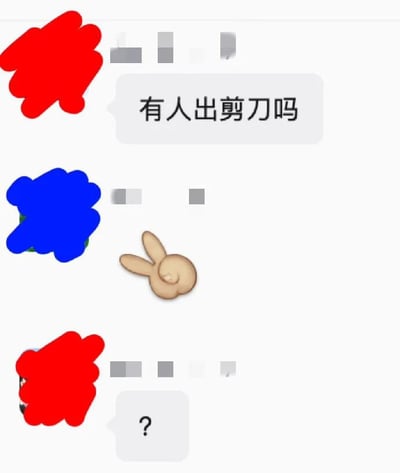 这是一张竖版中文群聊记录截图。第一名用户的头像和昵称被红色涂鸦及马赛克遮挡，发出消息“有人出剪刀吗”。在二手交易语境中，“出”常表示“出售、转让”，这句话通常是在问有没有人卖剪刀；但在石头剪刀布游戏中，“出剪刀”又表示比出剪刀手势。第二名头像被蓝色涂鸦遮挡的用户随即发出一个兔子造型表情，兔子的两只长耳朵竖起呈V字，看起来像剪刀手，像是在回答“我出剪刀”。第一名用户看到后回复一个问号，可能是没有理解这个视觉玩笑，或疑惑对方为何不回应买卖需求。图片的笑点来自“出剪刀”的语义双关以及兔子耳朵与剪刀手势的视觉相似。