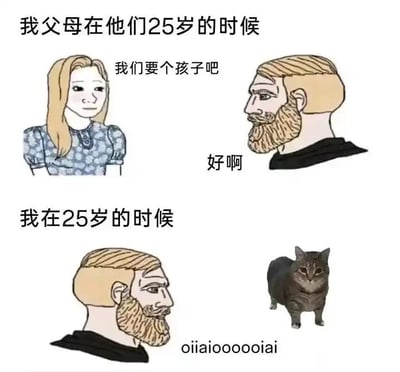 这是一张上下结构的对比类静态卡通图，通过两个场景的对比展现不同年代的人在25岁时的生活状态差异。上半部分呈现父母25岁时的场景：一对卡通夫妻对话，妻子面带温和表情提议“我们要个孩子吧”，丈夫平静回应“好啊”，体现出上一辈在该年纪已经进入组建家庭、计划孕育后代的人生阶段；下半部分则是“我”25岁的场景：一个卡通男性身旁只有一只表情慵懒的猫，配文“oiiaioooooiai”模拟和猫互动的无意义音节，表现出当代部分年轻人在25岁时更倾向于与宠物相伴，没有组建家庭、生育孩子的计划，用幽默的方式凸显出两代人在婚恋、生育观念以及生活选择上的巨大反差，引发当代年轻人的共鸣。