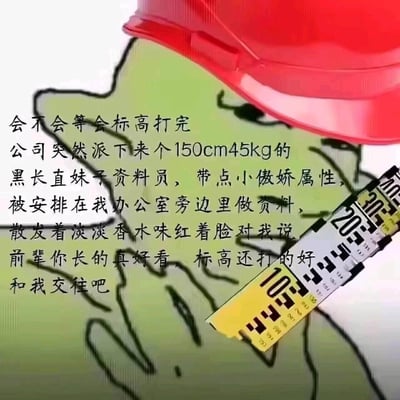这是一张基于悲伤蛙（Pepe the Frog）表情包二次创作的工地主题梗图。图中的悲伤蛙戴着工地红色安全帽，抱着测量用的塔尺，搭配的文字是工地打标高的工人在枯燥工作中展开的浪漫幻想：幻想打完标高后，公司派来一位符合自己喜好的娇小傲娇女资料员，在自己办公室旁工作，最后红着脸向自己告白，夸赞自己长得好看、标高打得好。整图用充满画面感的文字，调侃了工地从业者单调的日常，表达了他们对美好浪漫邂逅的向往，带着打工人的自嘲与小憧憬。图中没有双关、谐音梗等内容。