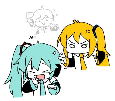 这是一张Q版卡通风格的静态单图，画面呈现了VOCALOID虚拟歌手间的趣味互动场景：前景的蓝发初音未来闭着眼睛，捂着嘴开怀大笑，头顶还有表示情绪的符号；右侧的黄发镜音铃皱着眉头，一脸不满地用手指戳着初音未来的头；背景处还有一个浅灰色的初音未来线稿，兴奋地挥手欢呼。整体场景充满欢乐搞笑的氛围，没有双关、谐音梗或暗示内容，就是粉丝创作的角色趣味互动画面。