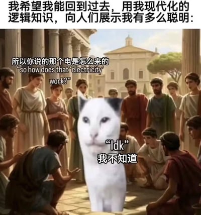 图片上方文字写道“我希望我能回到过去，用我现代化的逻辑知识，向人们展示我有多么聪明：”，下方主体画面是古罗马风格场景，背景有古典柱式建筑，一群身着古罗马服饰的人围绕着一个被P上去的白色猫脸。其中一位古代人问道“所以你说的那个电是怎么来的 'so how does that 'electricity' work?'”，猫脸处则配文“Idk 我不知道”。通过强烈的反差制造幽默效果，讽刺了现代人自以为掌握先进知识，却难以解释基础科学原理的尴尬处境。