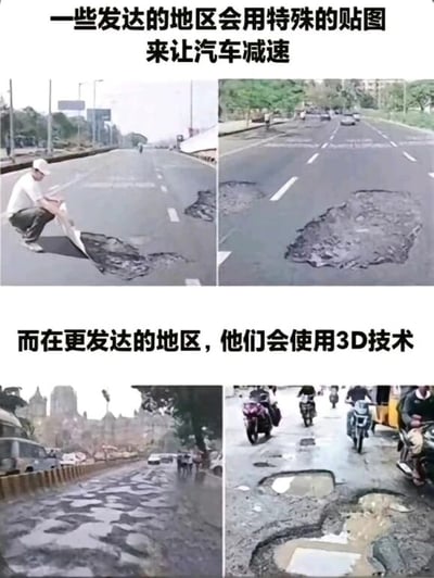 图片为四格图文混排结构，通过讽刺手法展示“发达地区的减速技术”。上方左侧图中一名男子正将一张“贴图”覆盖在道路的大坑上，右侧图展示覆盖后的坑洼路面；下方左侧图呈现布满密集坑洞的路面（戏称“3D技术”），右侧图中多名摩托车骑手正在坑洼路面上艰难行驶。配文通过“特殊贴图”“3D技术”等词汇，幽默反讽实际为未修复的道路坑洞，形成强烈的反差笑点。