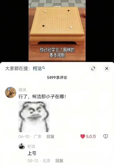 图片上半部分是一个围棋棋盘，棋盘上有四颗棋子（两黑两白），中间叠加文字'你已经学会了围棋的基本规则'。下半部分是社交媒体评论区截图，顶部显示'大家都在搜：柯洁'，共有5499条评论。用户'踏風'（头像为猫咪照片）评论'行了，柯洁那小子在哪！'，下方配有一个皱眉卡通表情包，该评论获得5.0万点赞；柯洁本人（头像为人物照片）回复'上号'，回复时间为08-13·北京。整体通过拼接围棋学习场景与评论区互动，形成调侃'学会基础就想挑战高手'的幽默效果，展现网友对柯洁的趣味喊话及本人的俏皮回应。