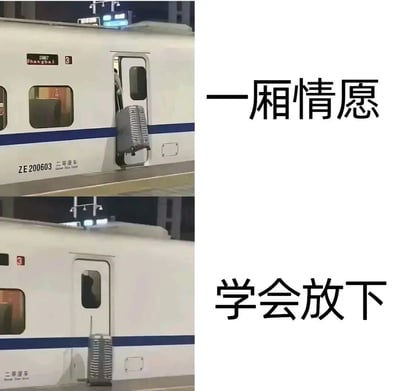 图片为左右对比结构，左侧上下两张均为高铁车厢实拍图，右侧对应配有文字。上方左侧图中，一个银色行李箱卡在高铁车门处，车厢标有“ZE200603 二等座车”及“Shanghai”字样；右侧文字为“一厢情愿”。下方左侧图中，原卡在车门的行李箱已掉落在车厢外地面；右侧文字为“学会放下”。
该图运用谐音梗：将成语“一厢情愿”（原指单方面的愿望）中的“相”替换为“厢”（车厢），结合行李箱卡在车厢门的场景，幽默表达“单方面执着于留在车厢”的含义；下方行李箱掉落的画面则对应“学会放下”的文字，形成情景与文字的趣味呼应。