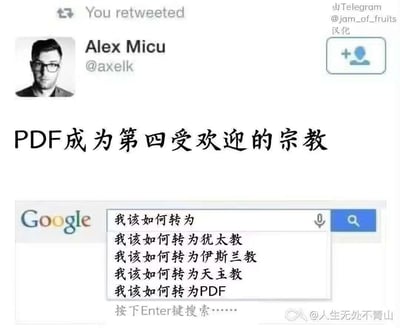 这是一张汉化后的外网搞笑梗图，上方是推特用户Alex Micu的推文，标题为“PDF成为第四受欢迎的宗教”；下方是谷歌搜索框的截图，当输入“我该如何转为”时，搜索联想词里依次出现了转为犹太教、伊斯兰教、天主教的选项，最后出现“我该如何转为PDF”。梗图利用“转为PDF”（文件格式转换需求）和“转为某宗教”的句式相似性，将PDF与宗教并列，制造出滑稽的反差感，调侃了日常工作生活中频繁将文件转为PDF的普遍需求。