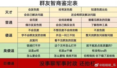 一张幽默的群友智商鉴定表，将群友分为天才、普通、傻逼、臭傻逼、巨傻逼五个等级，每个等级对应不同的群聊行为特征，如发图能力、解决问题能力、提问方式等，用夸张对比引发笑点。