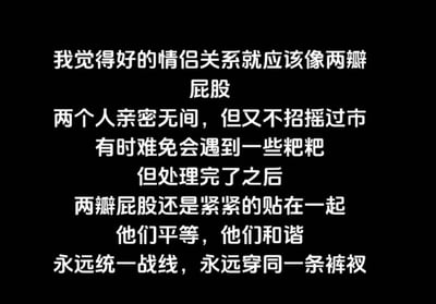 这是一张黑底白字的纯文字静态图，用接地气的比喻阐述对理想情侣关系的理解：将好的情侣关系比作两瓣屁股，称二者亲密无间却不张扬，相处中难免遇到矛盾（将矛盾比作粑粑），处理完问题后双方依旧亲密相依，彼此地位平等、相处和谐，永远站在同一战线，利益立场一致。比喻通俗搞笑，观点直白容易引发共鸣。