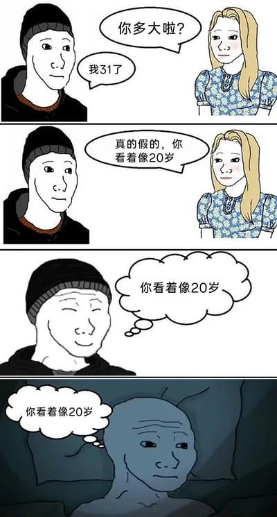 这是一幅四格连环卡通梗图，改编自经典Wojak失意男性meme。第一格中金发女生询问戴帽男生的年龄，男生回应自己31岁；第二格女生表现出惊讶，夸赞男生看起来像20岁；第三格男生表面平静，内心却因这句夸赞窃喜，反复回味这句话；第四格场景切换至深夜，男生躺在床上，脸上满是落寞与沮丧，脑海中仍回荡着“你看着像20岁”这句话，此时这句原本的夸赞在他心中变了意味，暗指自己31岁却如同20岁一般，没有匹配年龄的成熟与成就，由此引发了深夜的自我怀疑与焦虑情绪，精准刻画了当代年轻人在社交评价背后的内耗心态。