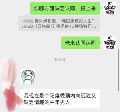 这是一张聊天记录风格的梗图，上方为绿色气泡文字“你哪方面缺乏认同，报上来”，右侧配有“盯”字卡通猫表情包；中间穿插灰色模糊新闻摘要“据外媒报道，‘韩国版模拟人生’《inZOI（云族裔）》将提供16种独特死...”；下方绿色气泡文字“俺来认同认同”同样配“盯”猫表情包；底部白色气泡文字“我现在是个阳痿秃顶内向孤独又缺乏情趣的中年男人”，旁有哭泣表情包，时间显示10:54。整体通过聊天对话形式，以夸张自嘲的方式回应“寻求认同”的调侃，结合热门游戏新闻增加话题性。