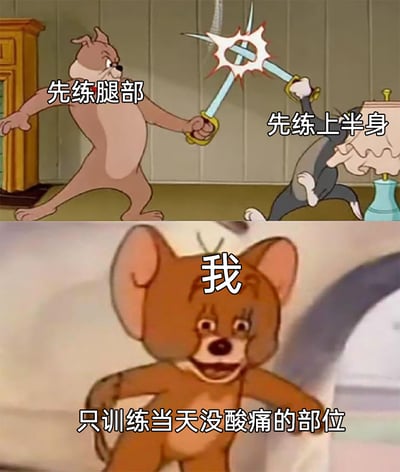 这是一张由《猫和老鼠》动画截图拼接而成的搞笑梗图，分为上下两部分。上半部分中，斯派克（狗）和汤姆（猫）持剑对峙，分别配文“先练腿部”和“先练上半身”，代表健身圈里两种主流的训练流派；下半部分是表情扭曲、神态慌张的杰瑞（老鼠），上方配文“我”，下方配文“只训练当天没酸痛的部位”，精准调侃了很多人健身时逃避酸痛部位、只选择舒适部位训练的偷懒心态，非常贴合健身新手的真实状态，充满搞笑共鸣感。