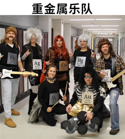 一群人在走廊中扮成重金属乐队合影，成员们梳着夸张的摇滚发型（如白色爆炸头、红色长发、棕色乱发等），手持电吉他、鼓槌等乐器，摆出摇滚手势（如金属礼、剪刀手）。每个人胸前都佩戴标有化学元素符号及原子量的标牌，包括Pb（铅）、Ag（银）、Cu（铜）、Hg（汞）、Ni（镍）、W（钨）、Au（金）等。图片上方标题“重金属乐队”巧妙运用双关语——既指摇滚音乐风格，又暗指化学中的重金属元素，创意十足。