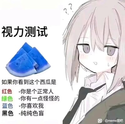 这是一张图文混排的整蛊式趣味梗图，整体分为左右两部分：左侧上方是标题“视力测试”，下方是被修改为蓝色的西瓜切片图，再往下是对应不同视觉结果的趣味判定文字，内容为“如果你看到这个西瓜是 红色 -你是个正常人 绿色 -你有一点怪怪的 蓝色 -你喜欢我 黑色 -纯纯色盲”；右侧是一个浅发色的卡通人物，人物头上带着问号，表情疑惑又慌张，脸上挂着汗珠，手扯着领带，姿态局促。这张图通过反常识的蓝色西瓜设置趣味测试，本质是用于和朋友互动整蛊，或是隐晦向他人表白的趣味内容，利用视觉认知和趣味结果的反差制造笑点和互动性。