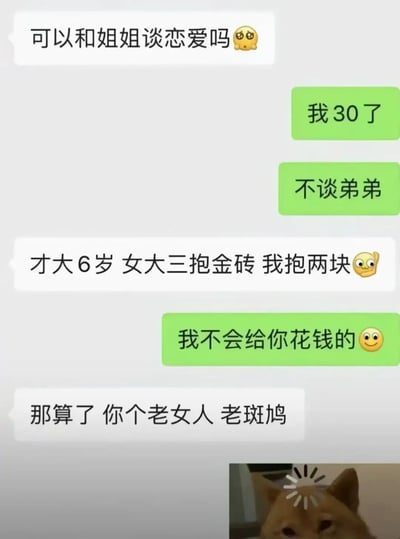 这是一张聊天对话截图，展示了关于年龄差距恋爱的幽默交流。一方试图说服30岁的女性和自己约会，使用了"女大三抱金砖"的俗语来调侃6岁的年龄差距，而另一方则以不会花钱为由拒绝，最终引发追求者恼羞成怒的回应。对话中包含明显的年龄调侃和情绪转变。