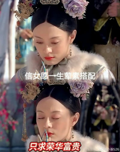 图片为《甄嬛传》中甄嬛角色的剧照，采用上下拼接的方式呈现。甄嬛身着华丽古装，头戴精致发饰，表情虔诚地闭眼许愿。图片上方叠加文字"信女愿一生荤素搭配"，下方则用红色醒目文字写着"只求荣华富贵"，形成幽默的反差效果。